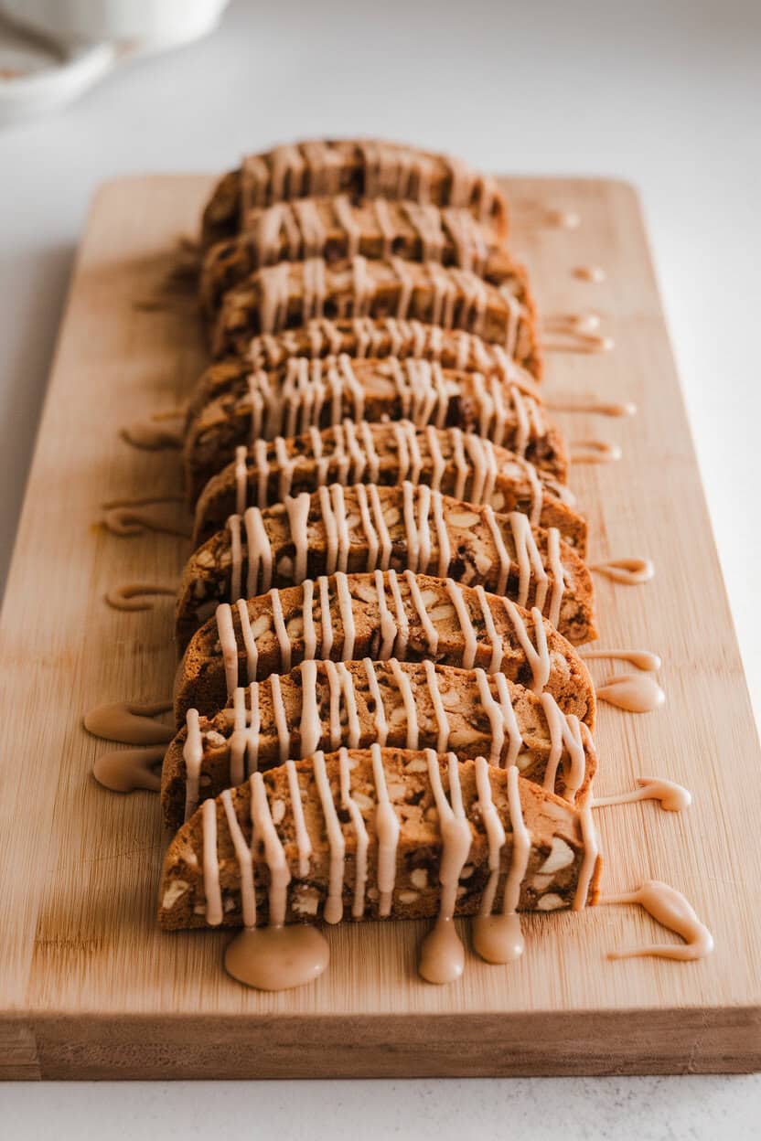 Photo prompt: Indoors, a long cutting board holding maple pecan biscotti ready for second bake, maple glaze drizzled lightly. No text or logos.