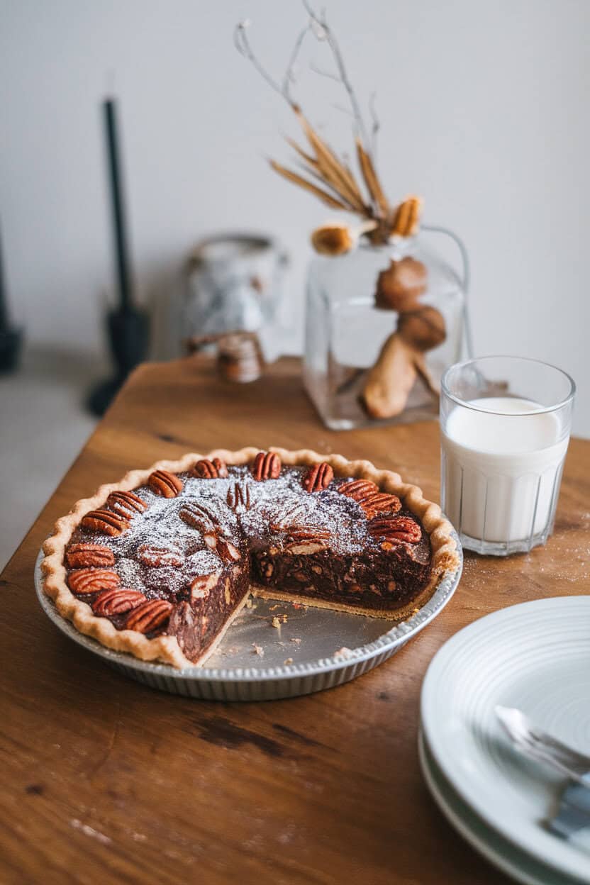 An indoor wooden table with a sliced chocolate bourbon pecan pie, rich filling visible, and a glass of milk beside it. No text or logos.