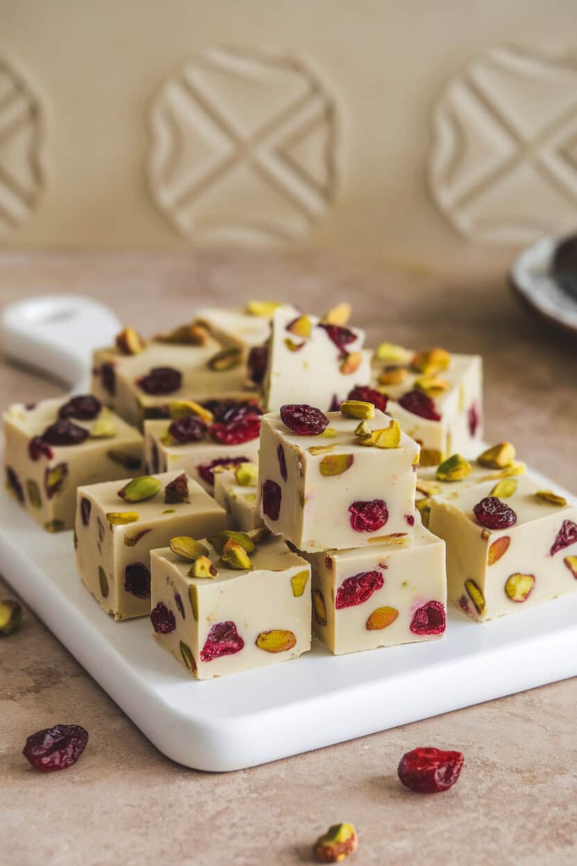 Indoor cutting board with bite-sized squares of white chocolate fudge studded with dried cranberries and pistachios. No text or logos.