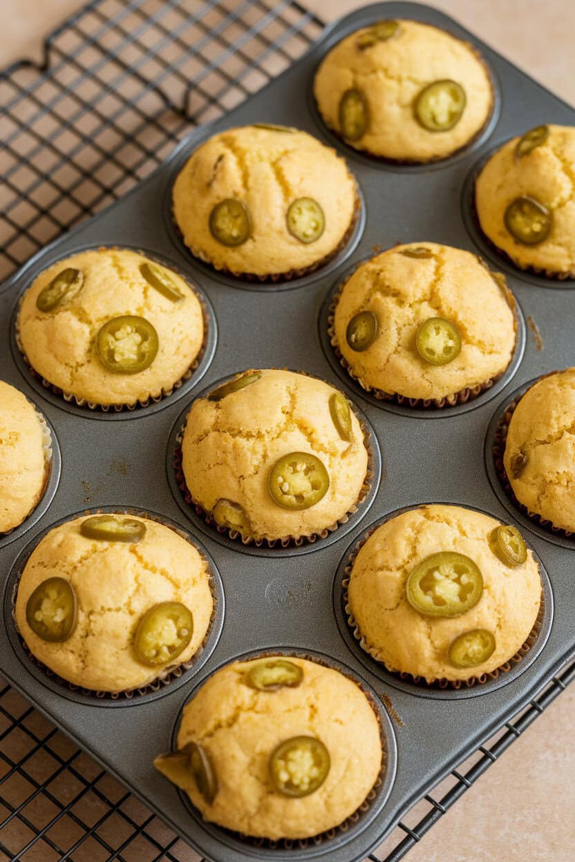 An indoor muffin tin resting on a cooling rack with golden cornbread muffins studded with green jalapeño rounds on top. No visible text or logos. Photo.</Prompt