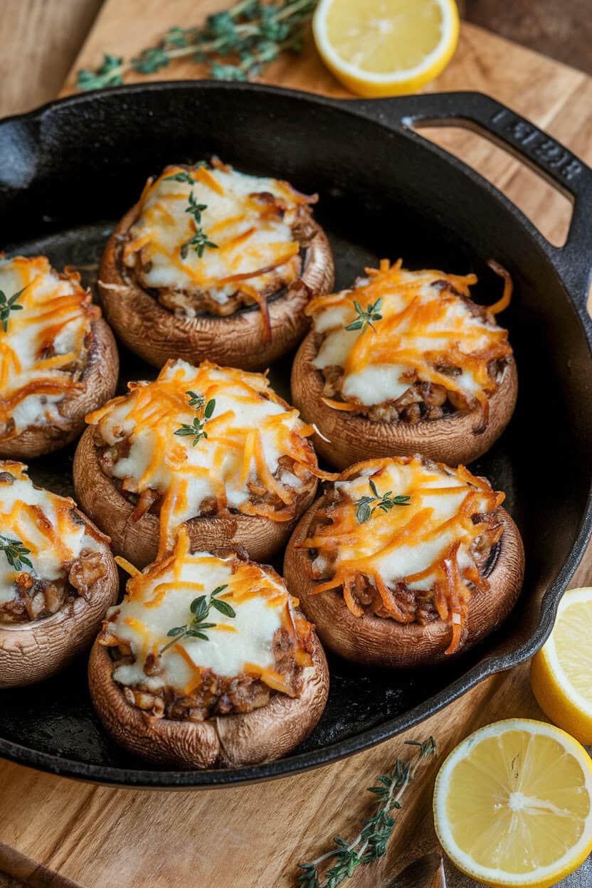 Photo of an indoor cast-iron skillet displaying stuffed mushrooms bubbling with melted Gruyère and caramelized onion threads. No text or logos present.