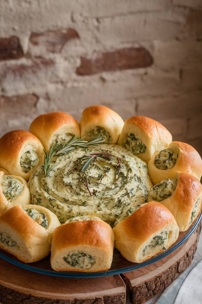 Photo of small hollowed dinner rolls indoors, filled with creamy spinach-artichoke dip and baked until bubbly, arranged on a platter; no logos