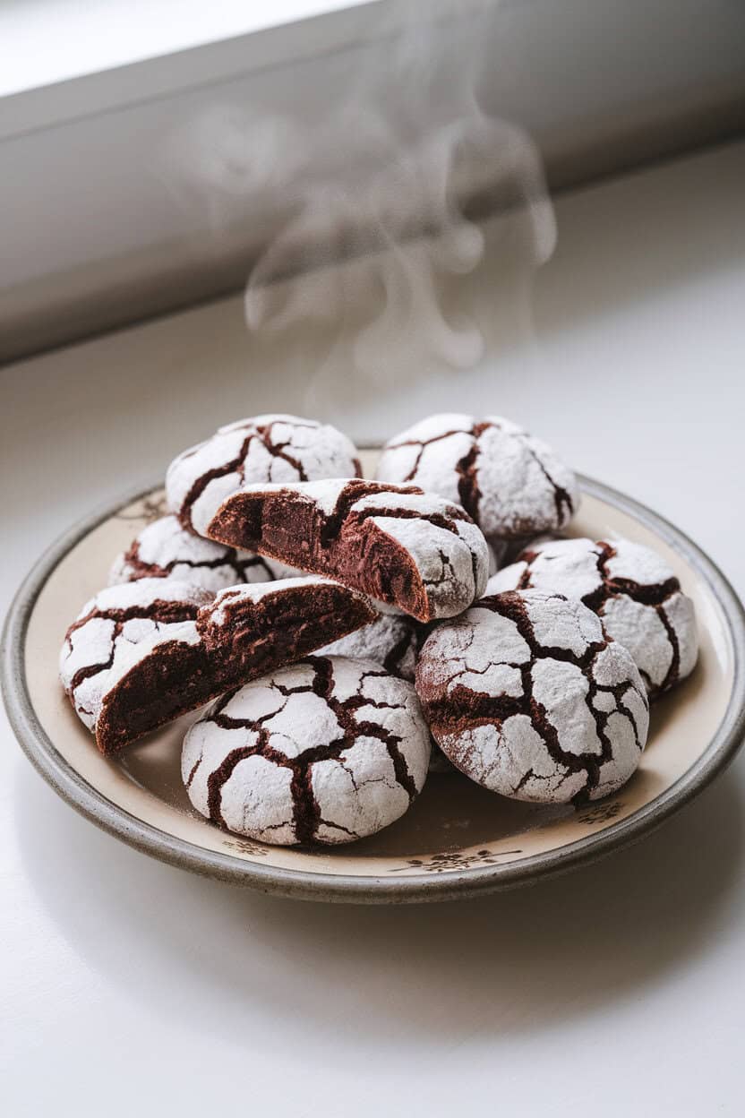 A ceramic plate indoors displaying chocolate crinkle cookies split with dramatic white powdered sugar veins, steam faintly visible; no text or logos.