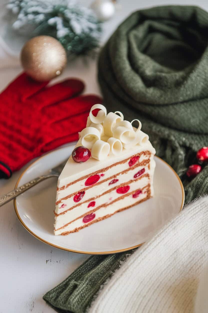 Indoor winter table scene with a slice of white chocolate cake dotted with cranberries and topped with white chocolate curls. Photo only, no logos.