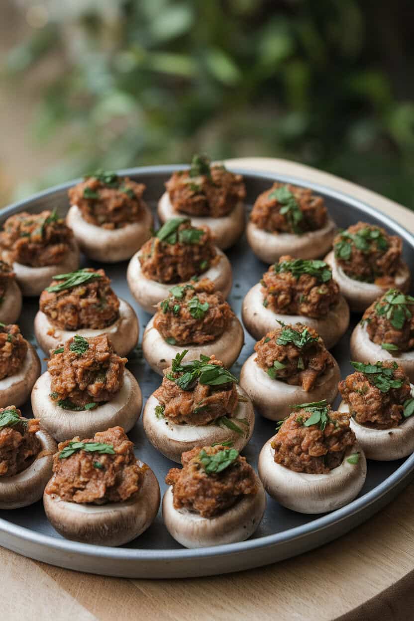 Photo of button mushrooms filled with cooked spiced lamb and topped with herbs, displayed indoors on a tray, no text or logos.