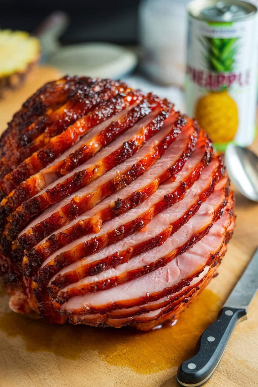 Indoor photo of spiral-sliced ham glazed with brown sugar and pineapple juice, caramelized edges glistening. No text or logos. Photo, not illustration.