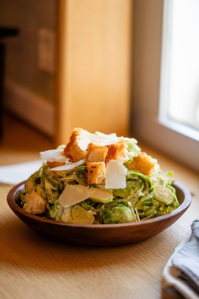 A warmly lit indoor counter with a shallow wooden bowl piled high with thin ribbons of Brussels sprouts, shaved Parmesan, golden croutons, and creamy dressing glistening lightly. No text or logos visible; photo, not illustration.