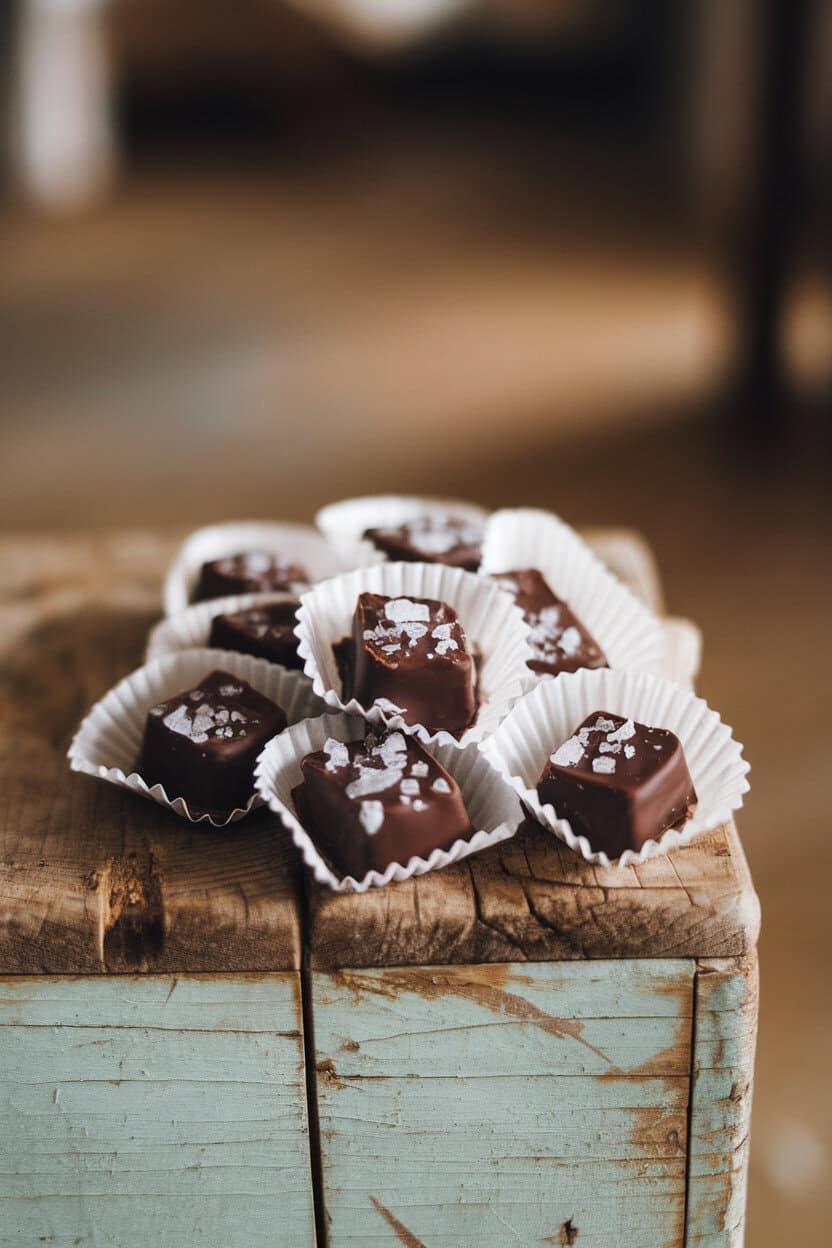 Individually wrapped dark chocolate caramels sprinkled with flaky sea salt on an indoor wooden surface. No text or logos. Photo, not illustration.