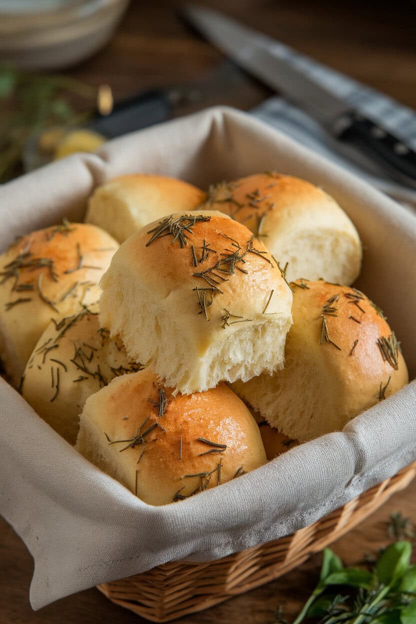 Photo of a basket indoors lined with cloth holding fluffy dinner rolls brushed with melted herb butter, no text or logos.