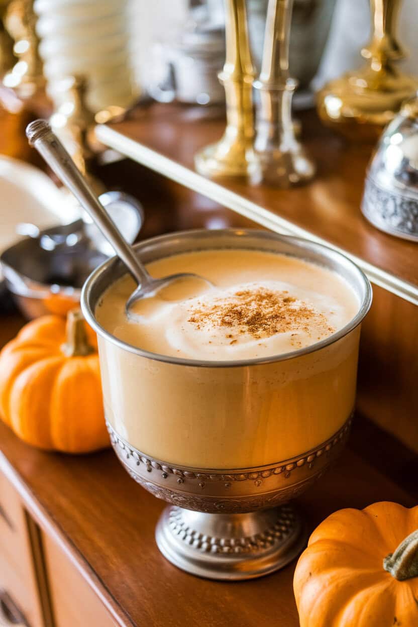 An indoor dining-room buffet with a punch bowl of Bourbon Pumpkin Eggnog, ladle resting, grated nutmeg on frothy surface, small pumpkins nearby; no text or logos; photo