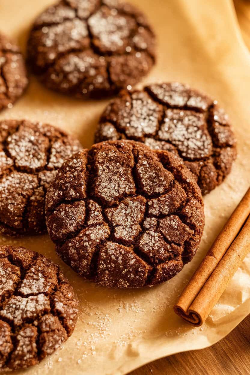 Indoor shot of dark, crackled molasses cookies coated in sparkling sugar on parchment, cinnamon sticks alongside. No text or logos.