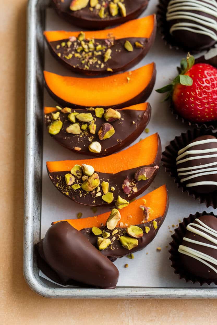 An indoor dessert tray where sliced persimmon wedges are half-dipped in dark chocolate and sprinkled with crushed pistachios, no logos present.
