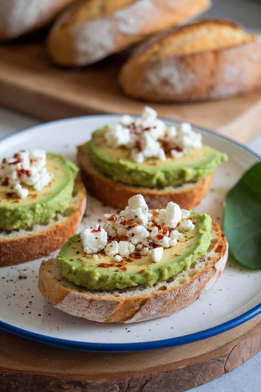 Indoor plate of toasted baguette rounds topped with mashed avocado, crumbled feta, and chili flakes. No text or logos.