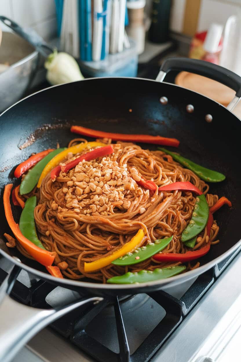 A wok set on an indoor stovetop containing noodles tossed in a glossy peanut sauce, colorful bell pepper strips and snap peas mixed throughout, garnished with crushed peanuts. No text or logos. Photo, not illustration.