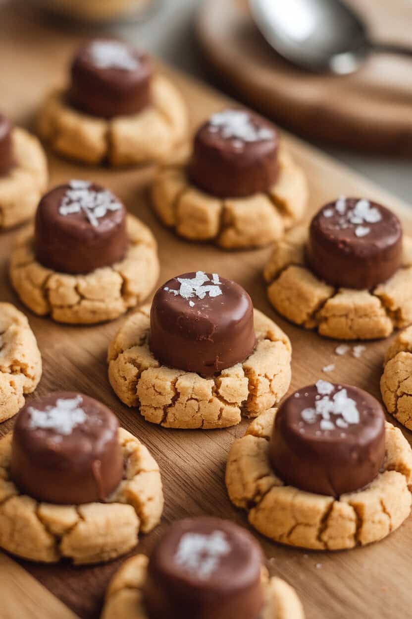 Indoor shot of classic peanut butter blossom cookies each crowned with a chocolate hug, arranged on a wooden board; no brands or text visible.