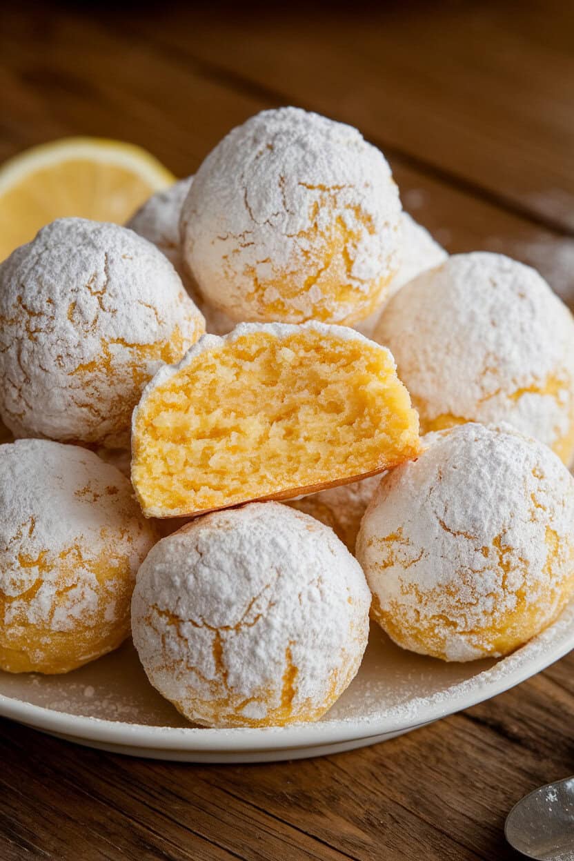 Indoor plate of round lemon snowball cookies coated in powdered sugar, one split open showing tender crumb. No text or logos.