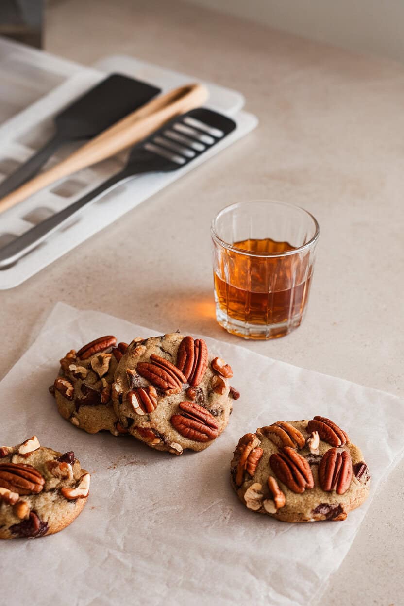 Indoor countertop with cookies dotted by pecans and chocolate, small glass of bourbon slightly out of focus behind, no text or logos.