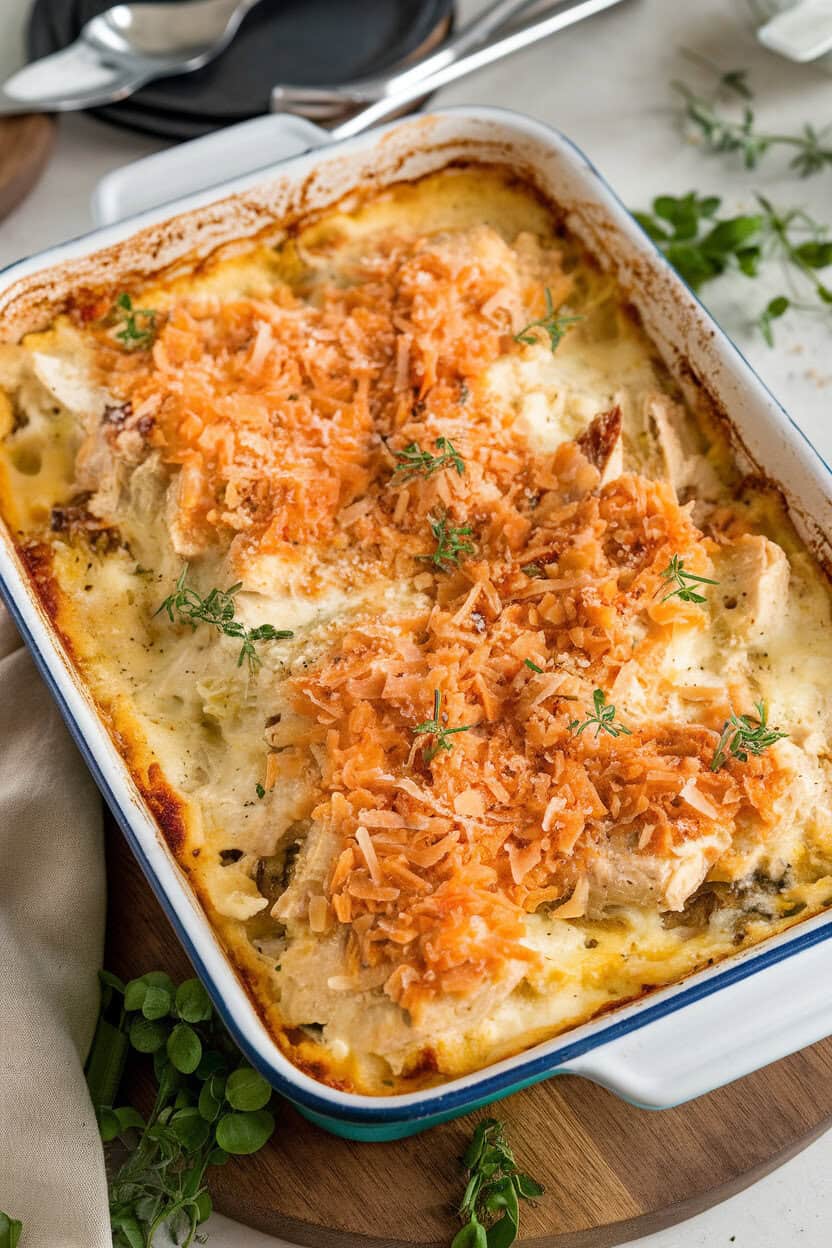 An indoor casserole dish bubbling with creamy chicken tetrazzini, Parmesan topping browned; no text or logos; photo