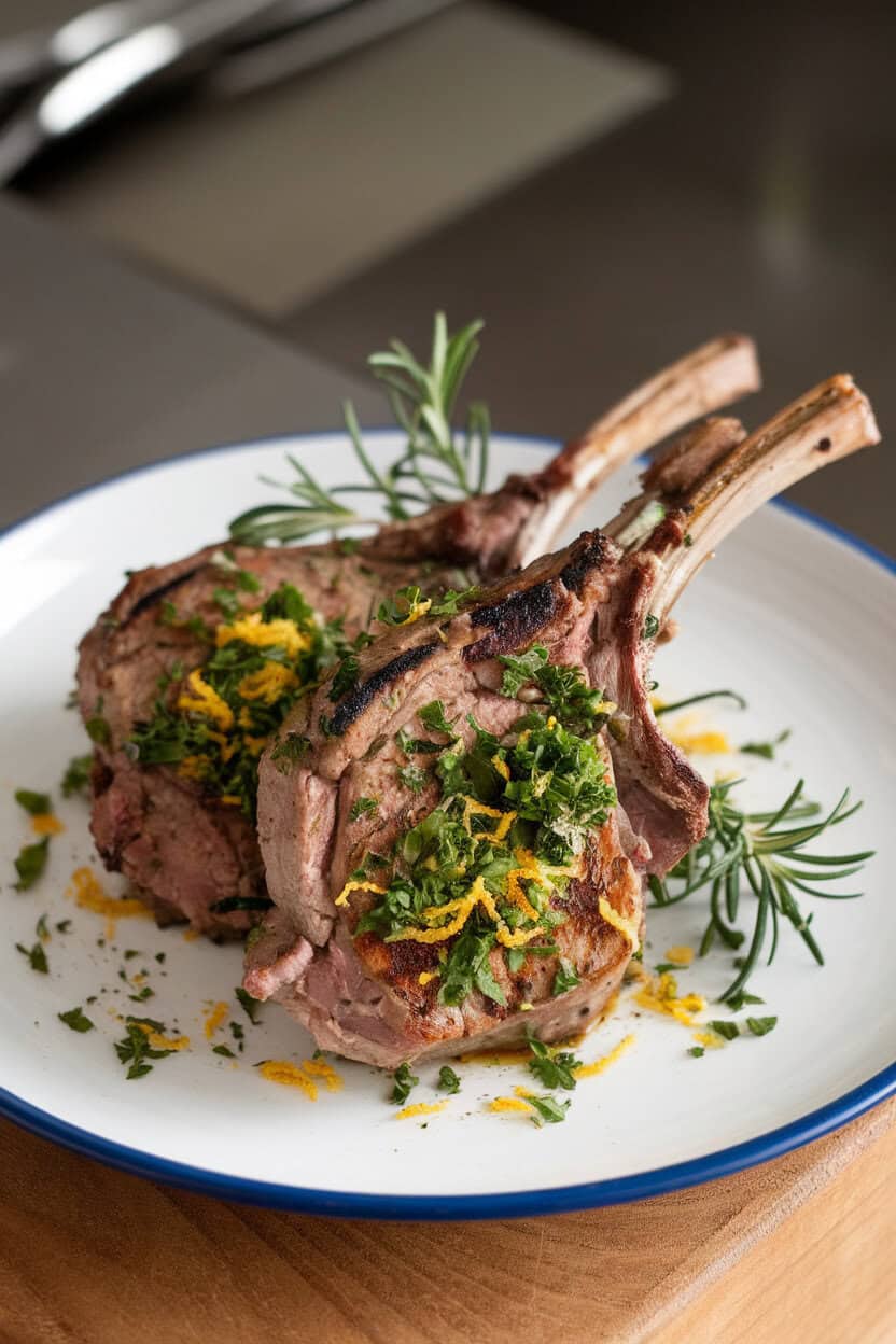 An indoor dinner plate featuring grilled lamb chops topped with a finely chopped rosemary, parsley, lemon zest gremolata. No logos or text in scene.
