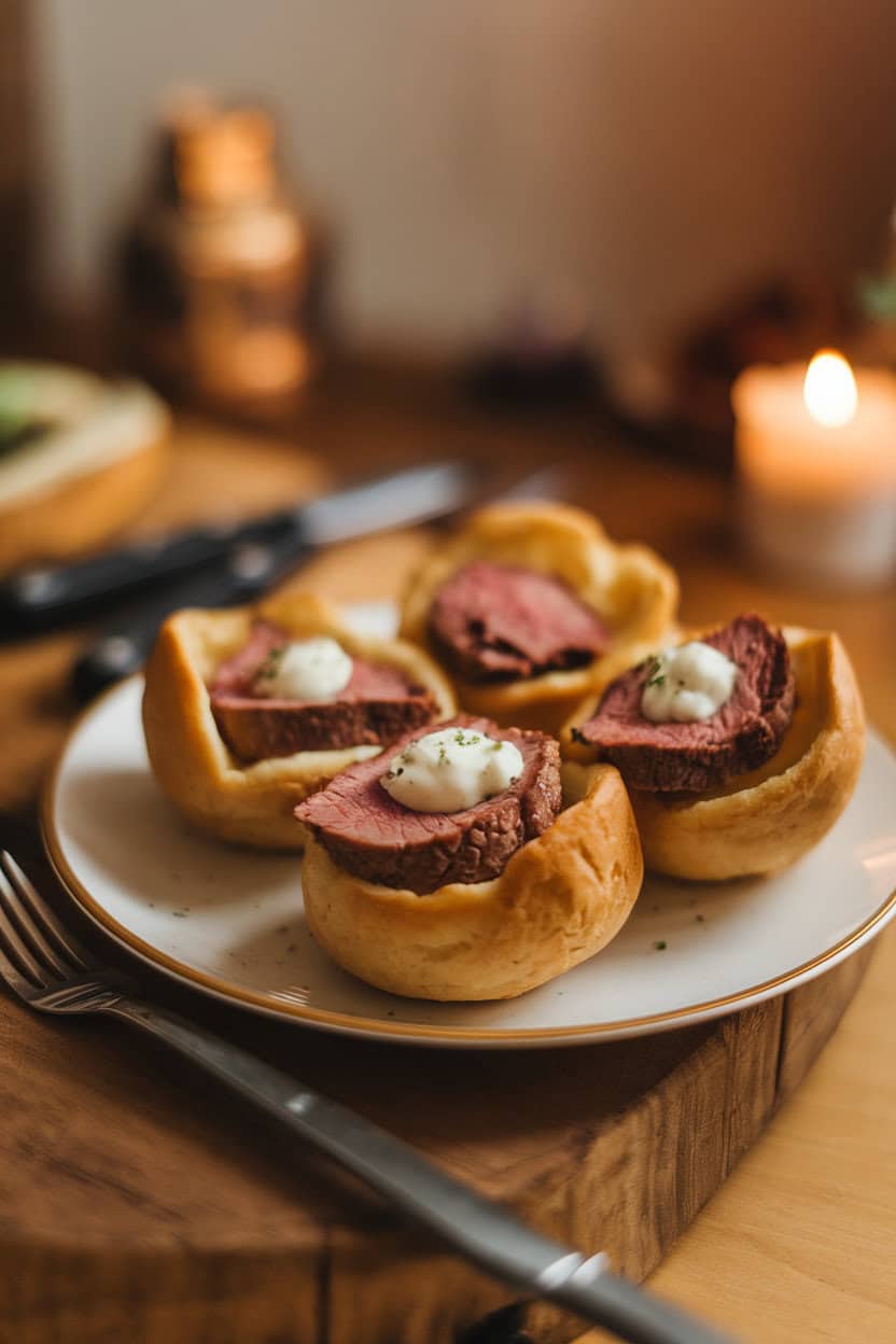 Indoor photo of bite-size Yorkshire puddings filled with slices of roast beef and a dab of horseradish sauce. No text or logos.