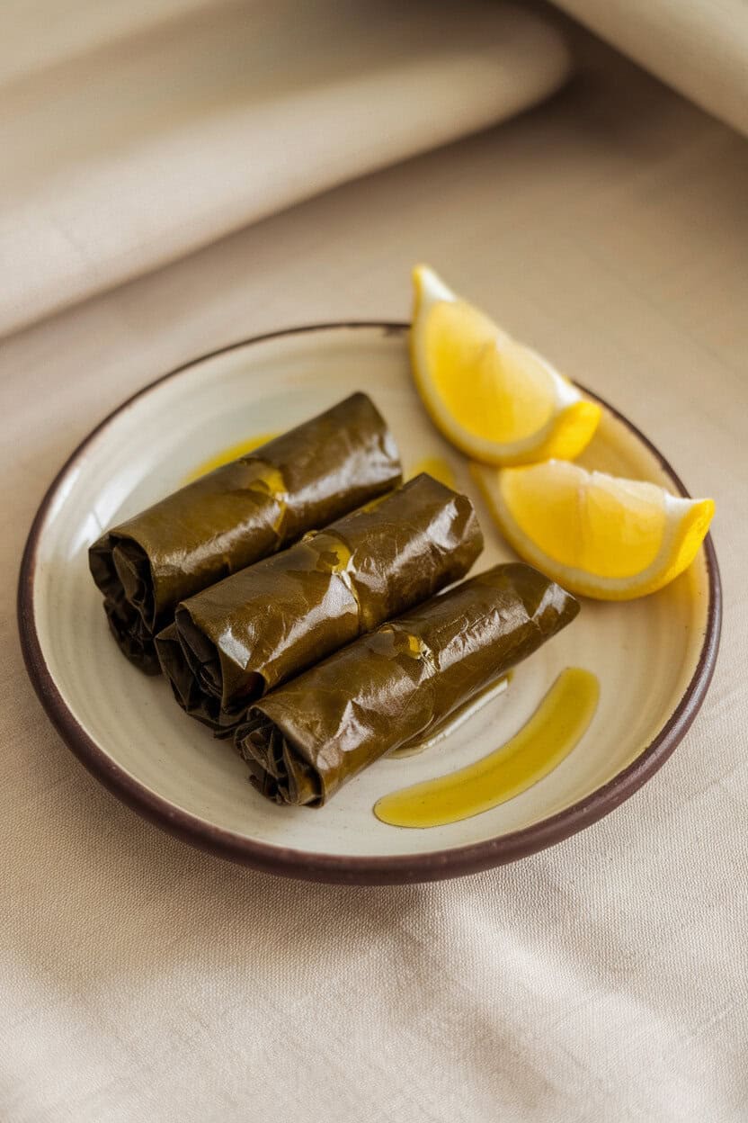 A small ceramic plate indoors with neatly rolled grape leaves drizzled with olive oil and lemon wedges on the side. No text or logos.