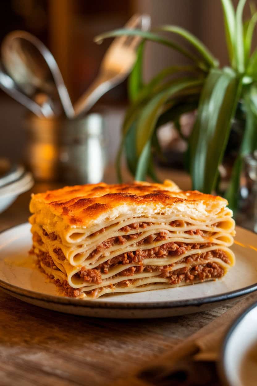 Indoor dining table featuring a slice of Greek pastitsio showing pasta tubes, spiced meat layer, and thick béchamel top browned to perfection. Photo only, no text or logos.