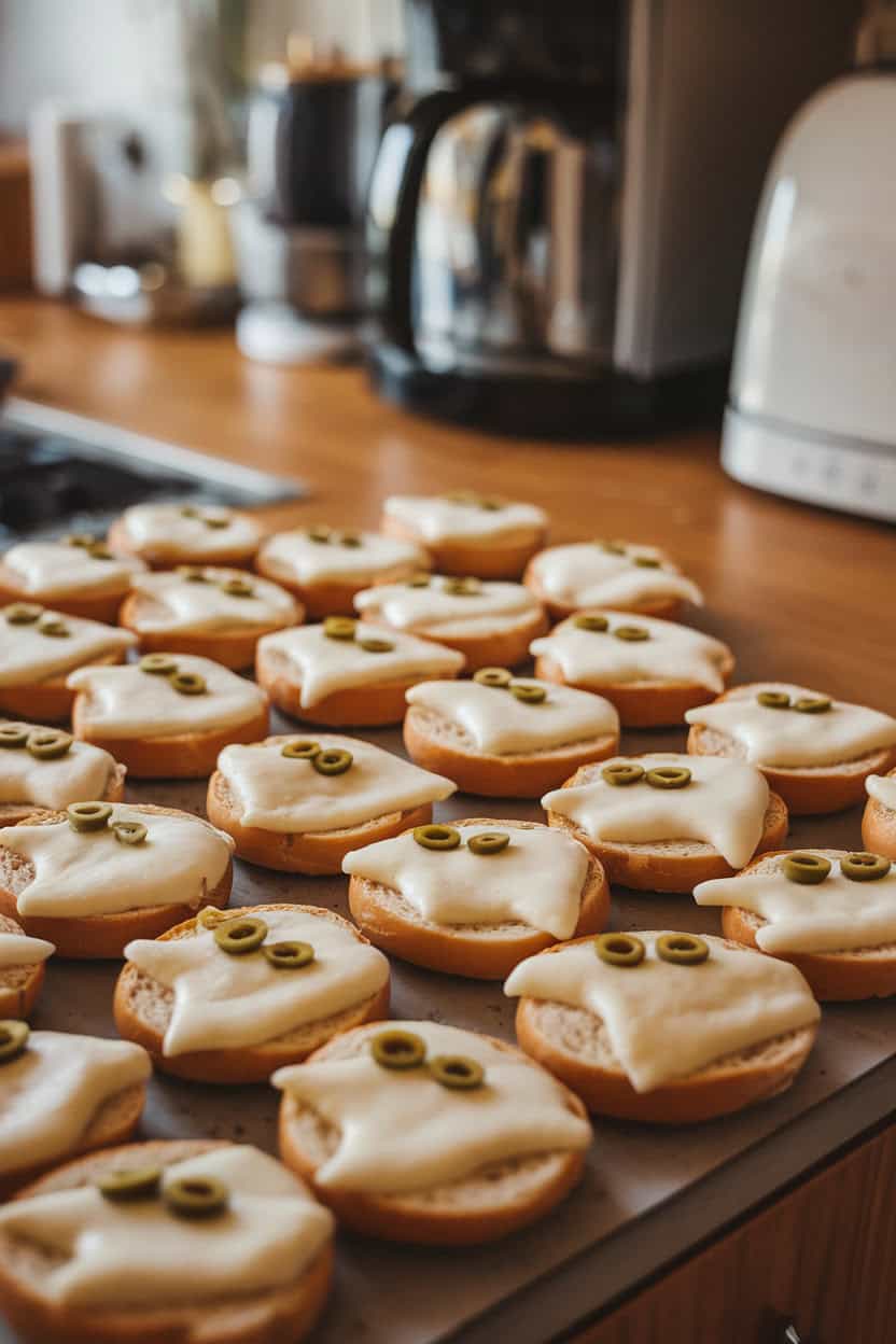 Photo, not illustration — indoor countertop with mini bagel halves topped with melted mozzarella cut into ghost shapes, small olive bits for eyes; warm kitchen lighting, no text or logos