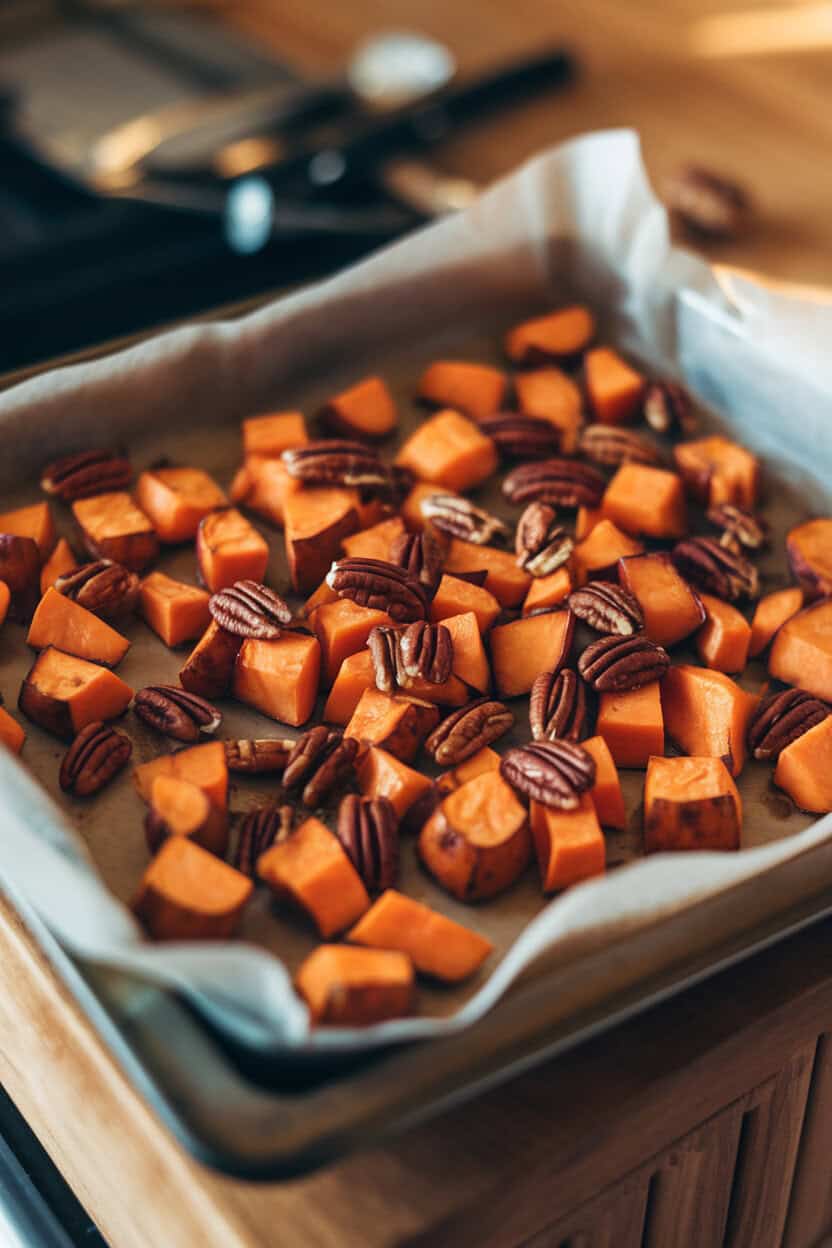 A parchment-lined baking tray of cubed, caramelized sweet potatoes sprinkled with toasted pecans, captured under warm indoor lighting, no text or logos.