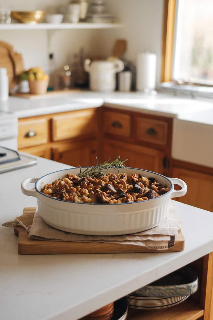 An indoor kitchen island holding a white casserole of mushroom and walnut stuffing, rosemary sprig on top, soft daylight from a window. No text or logos; photo only.