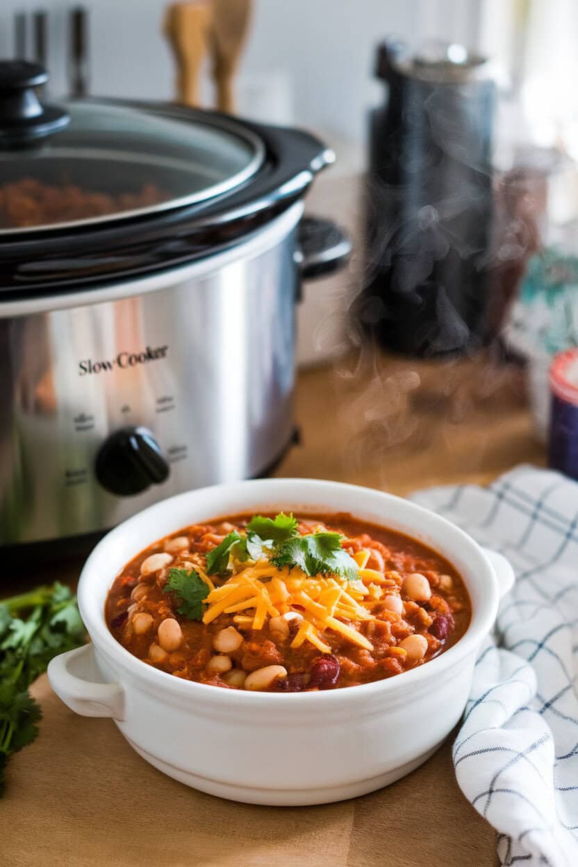 An indoor countertop displaying a white ceramic bowl of hearty white bean chili topped with shredded Monterey Jack and chopped cilantro. A slow cooker sits just behind, lid ajar, with gentle steam visible. Photo only, no text or logos.