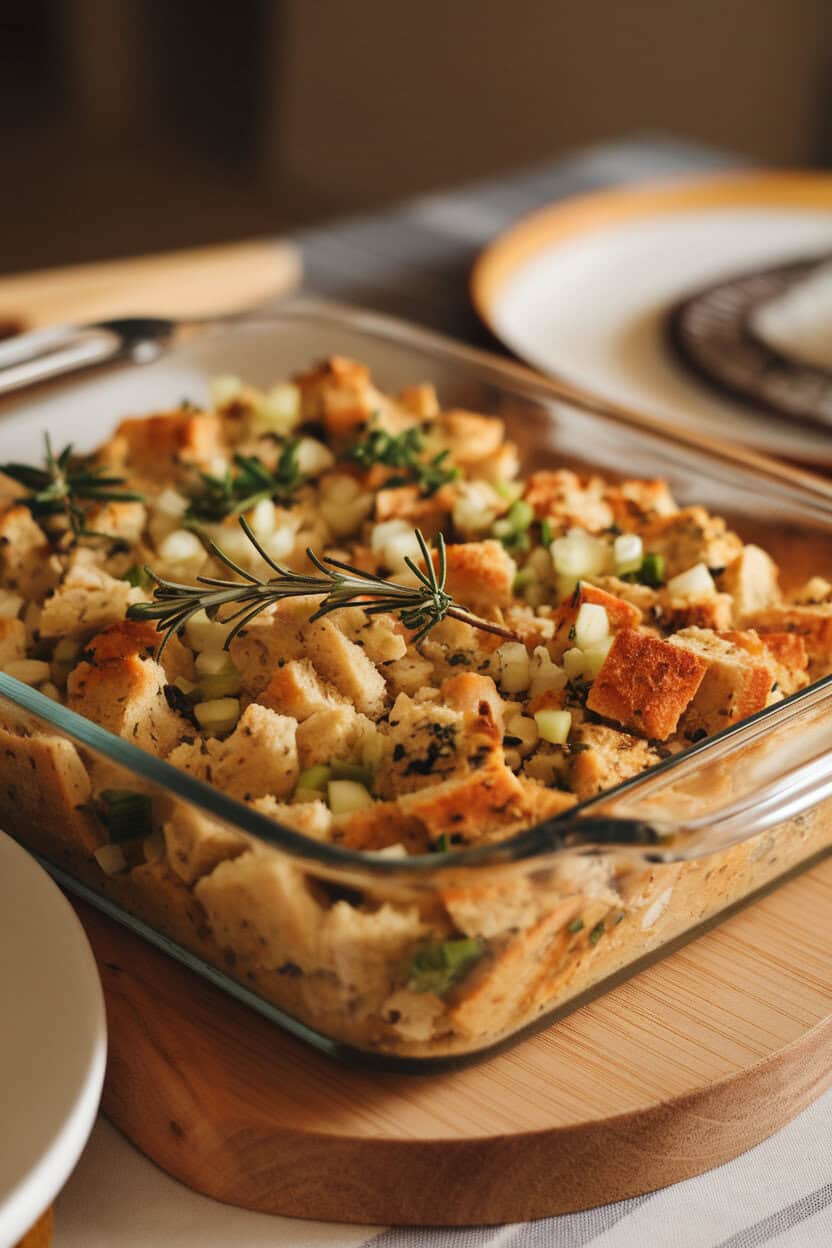 A rectangular glass dish on an indoor table holding gluten-free bread stuffing speckled with rosemary, thyme, and chopped celery, warmly lit. No text or logos; photo only.