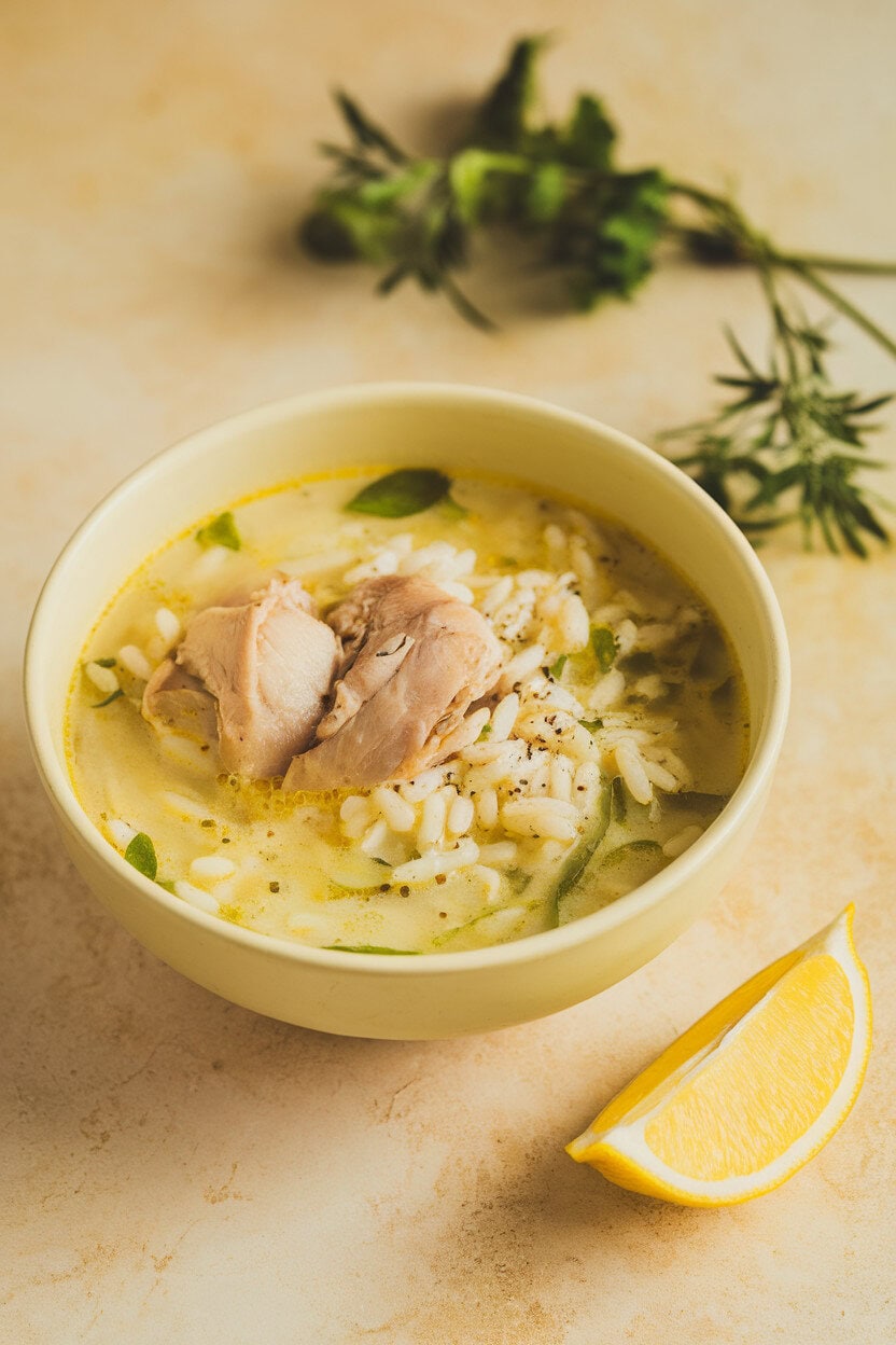 Indoor shot of a pale yellow bowl of avgolemono soup, rice grains and chicken pieces visible, lemon wedge nearby. No text or logos