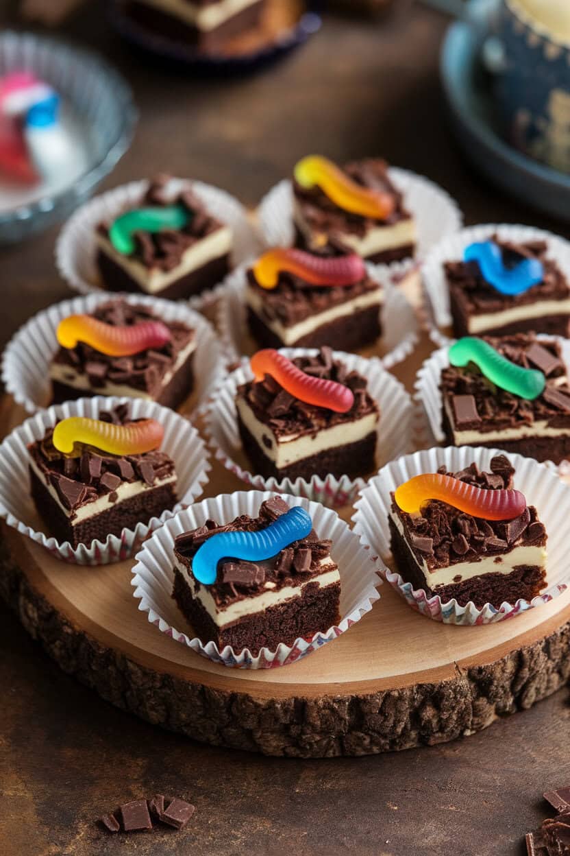 Indoor photo of bite-sized brownie squares topped with crushed chocolate cookies and a gummy worm, served in mini cupcake liners. No text or logos.