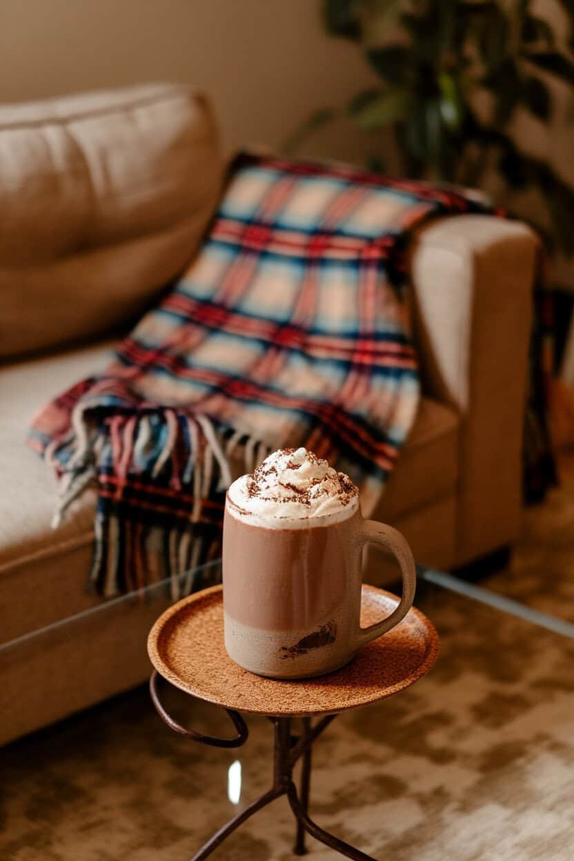An indoor living-room coffee table with a thick ceramic mug of Hazelnut Hot Chocolate Cocktail, whipped cream dome, grated chocolate on top, plaid throw in background; no text or logos; photo