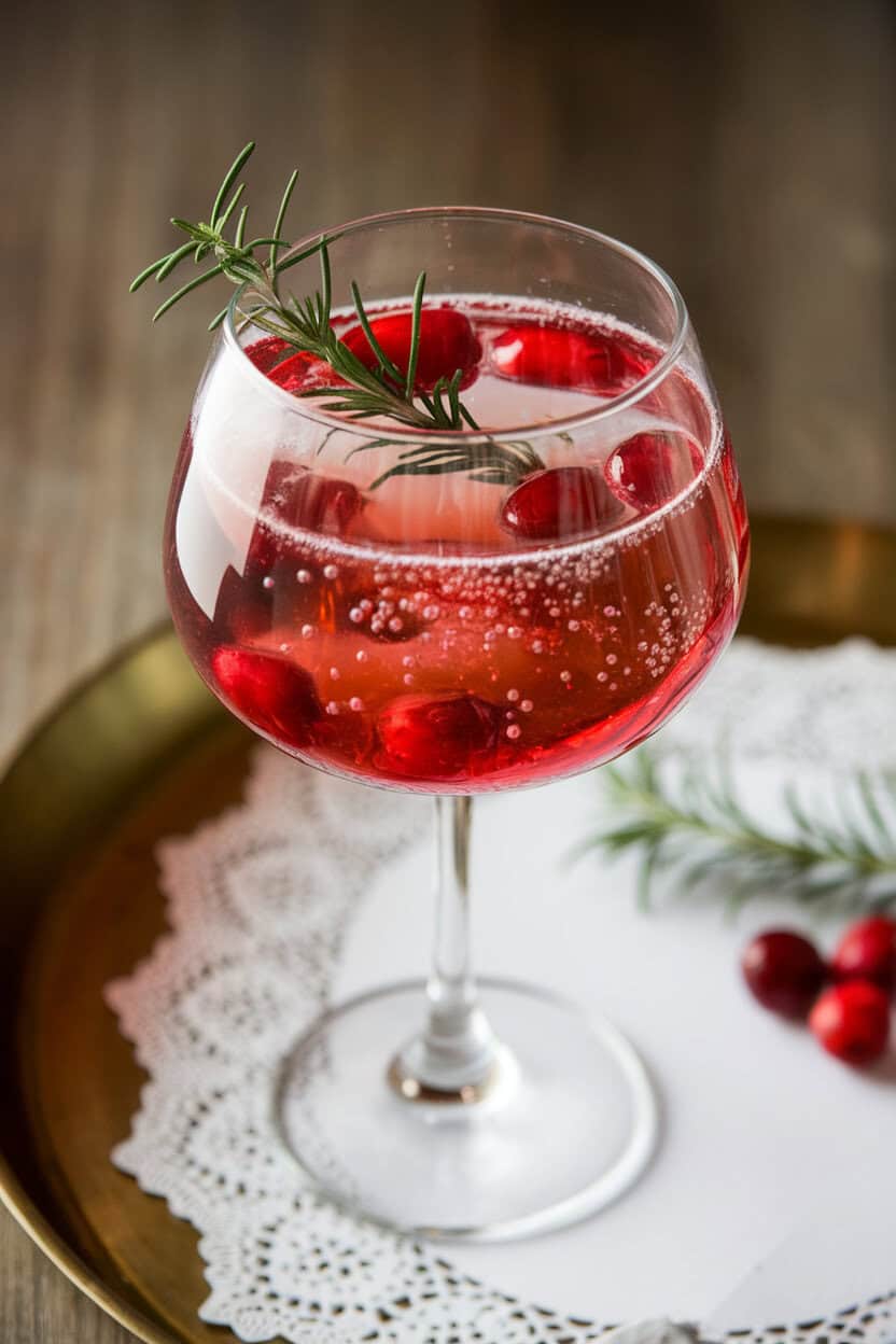 An indoor cocktail tray with a stemmed wine glass of ruby Cranberry Rosemary Aperol Spritz, rosemary twig and cranberries floating, bubbles visible; no text or logos; photo