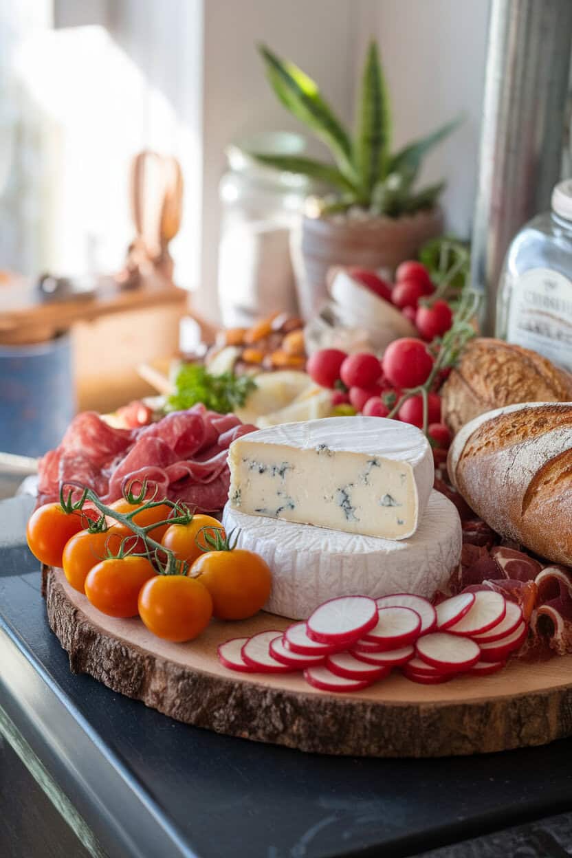 Indoor photo of a board piled with local goat cheese, heirloom cherry tomatoes, radish slices, cured meats from a farmers’ market, and crusty bread, soft afternoon light, no logos.