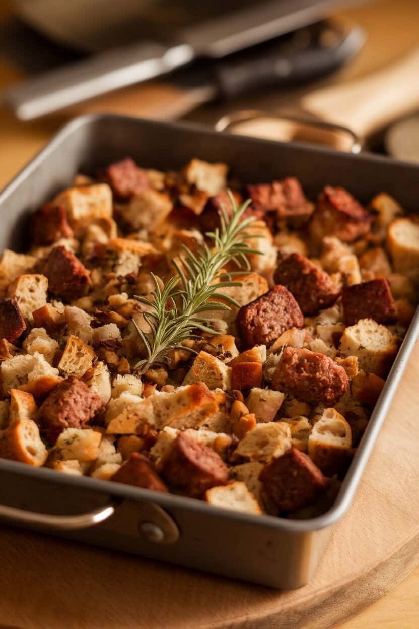 A baking pan of rustic sausage stuffing with crusty bread cubes and browned sausage, photographed indoors. No text or logos. Photo, not illustration.