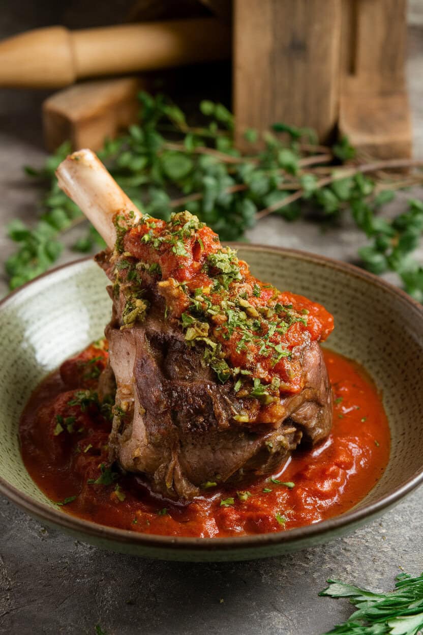 Photo of braised lamb shanks in a rich tomato wine sauce, topped with gremolata, served indoors on a shallow bowl, no text or logos.