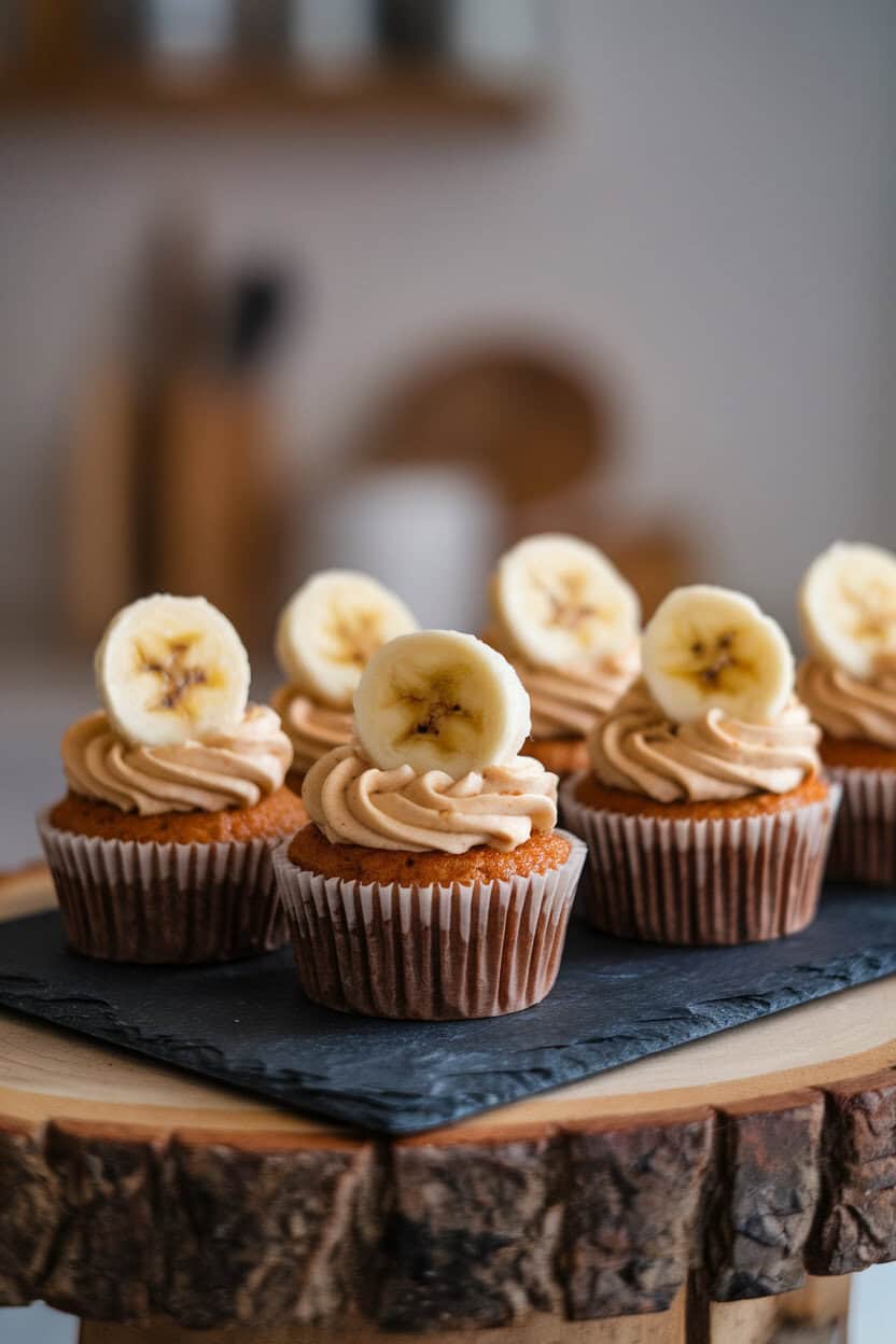 Indoor photo of banana cupcakes with rum-caramel frosting and caramelized banana slice garnish, sitting on a slate board. No text or logos.