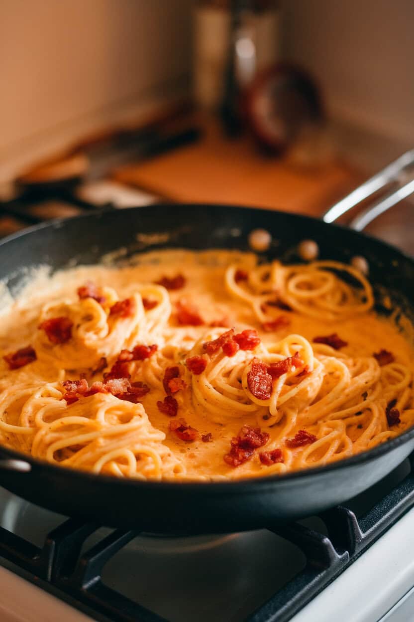 Indoor stovetop shot of a skillet twirling spaghetti coated in creamy egg-Parmesan sauce with crispy pancetta bits. No text or logos visible.