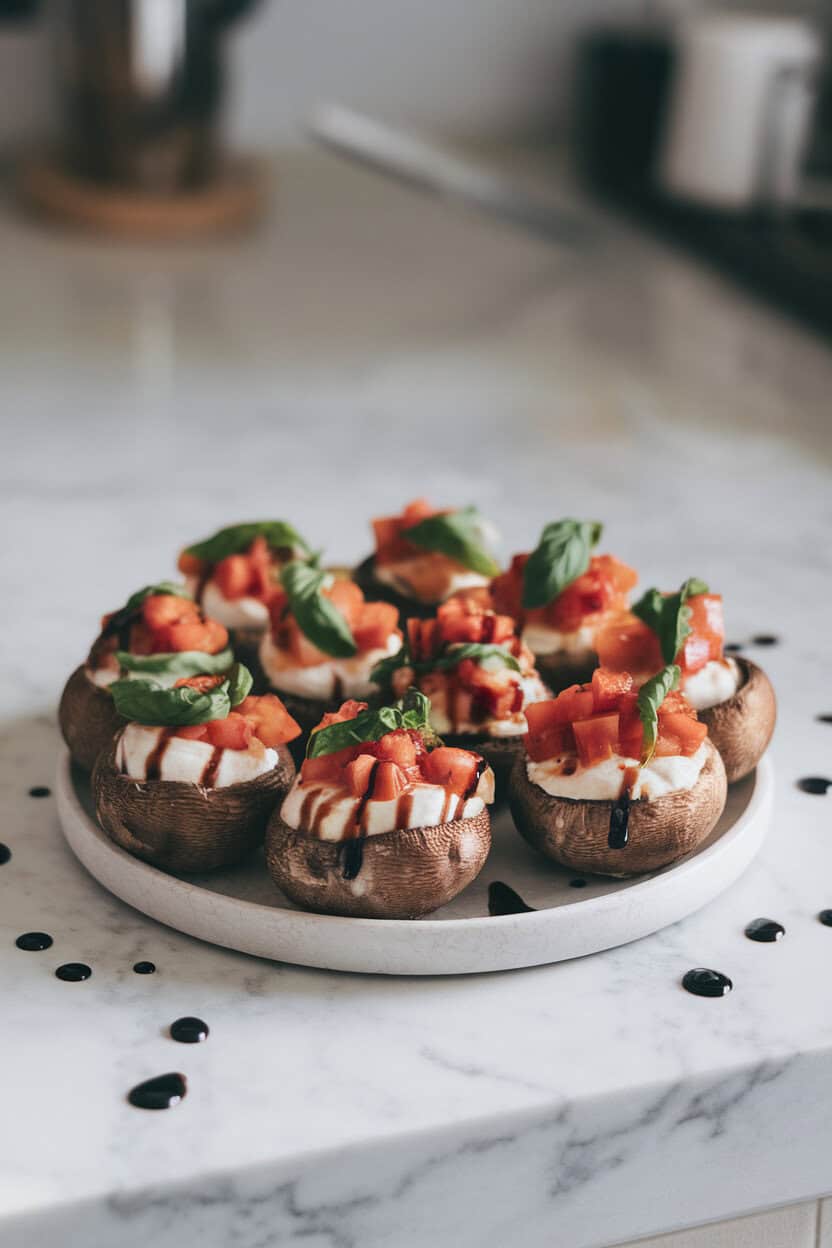 Photo of an indoor marble counter displaying stuffed mushrooms filled with diced tomato, basil ribbons, and melted mozzarella, tiny balsamic droplets around the plate. No text or logos.