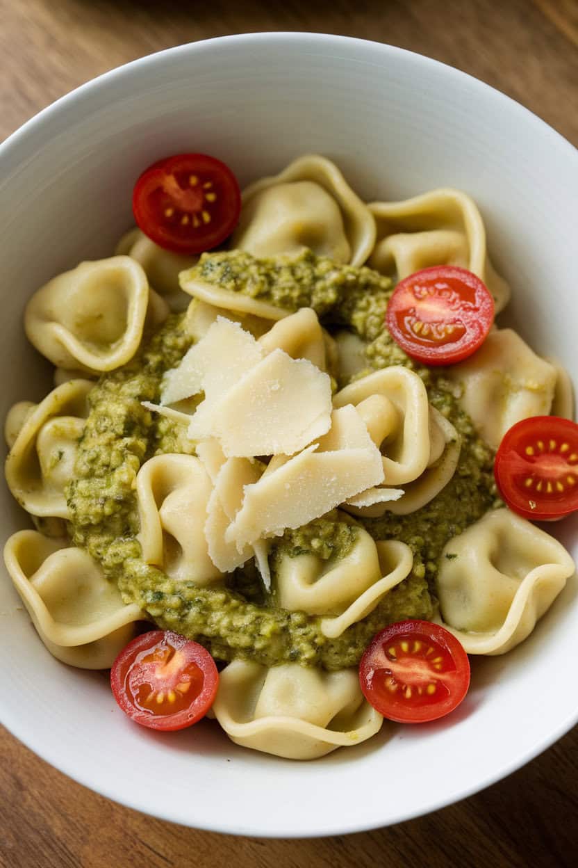 Indoor bowl of cheese tortellini tossed in basil pesto with halved cherry tomatoes and shaved Parmesan on top. No text or logos present.