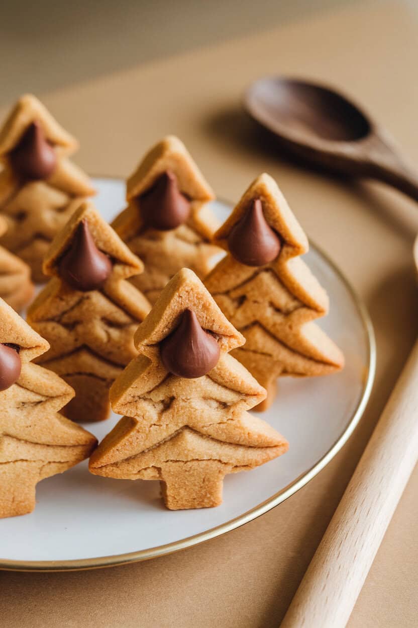 Indoor tabletop shot of peanut butter cookies shaped like small trees with chocolate kiss “ornaments” at the tip. No text or logos.