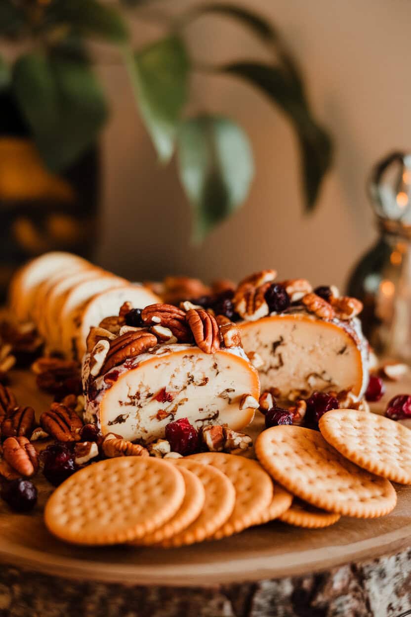 Indoor cheese board featuring a sliced goat cheese log coated in chopped pecans and cranberries, crackers alongside—45-degree angle, no text or logos.