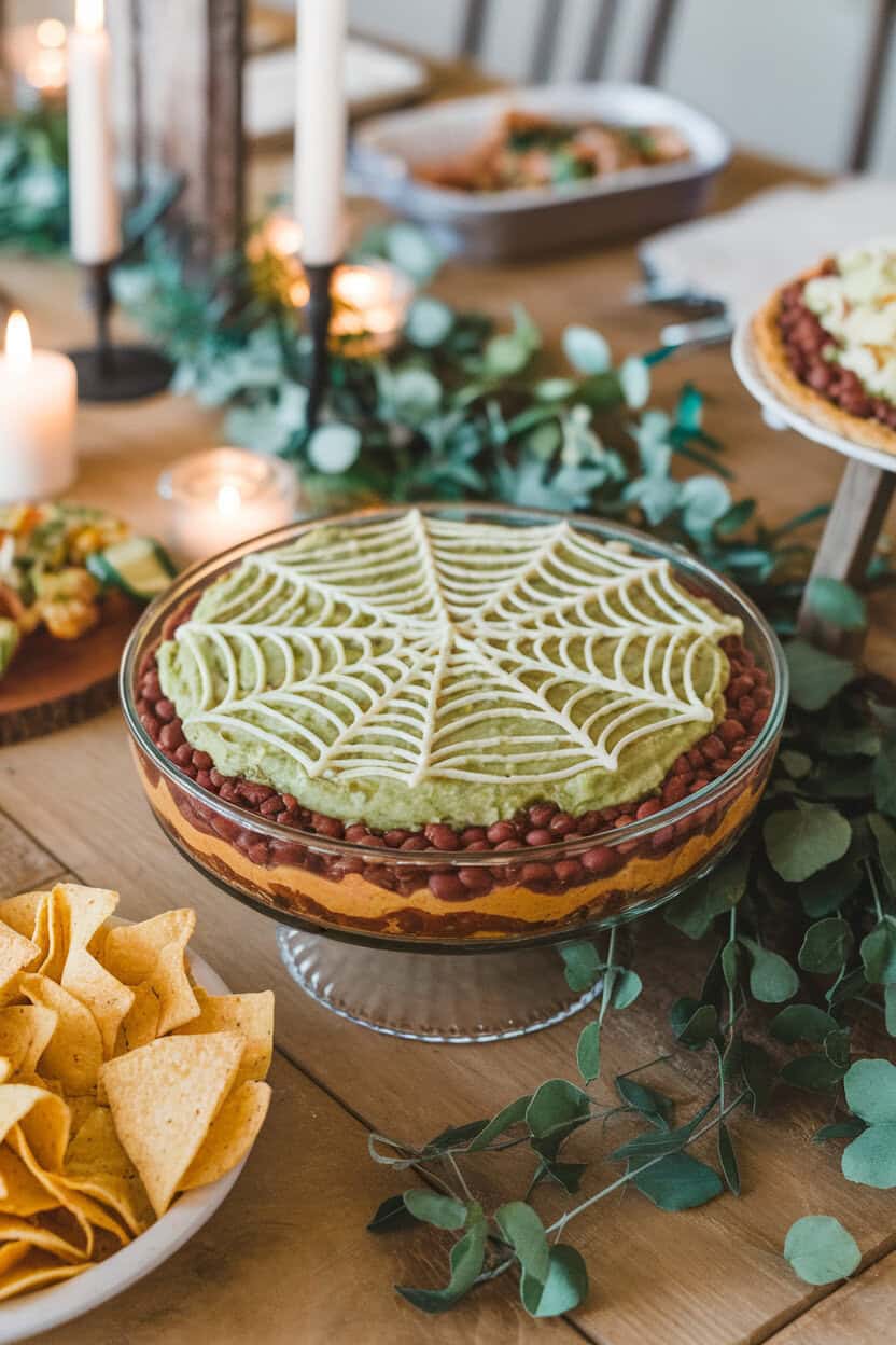 A photo of an indoor appetizer spread featuring a round glass pie dish layered with beans, guacamole, and sour-cream spiderweb piping, centered on a wooden table. No text or logos in sight.
