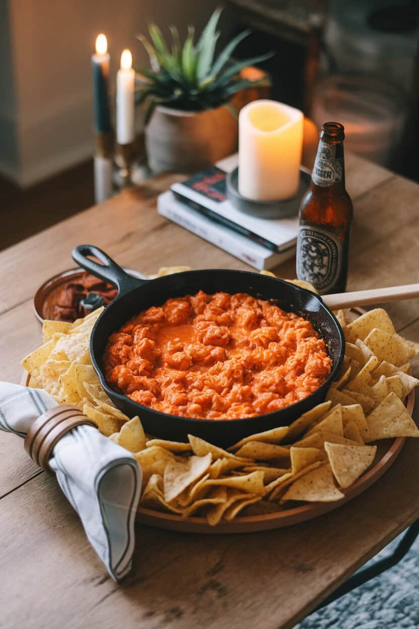 A coffee table set for game day, highlighting a cast-iron skillet of bubbling Buffalo chicken dip with tortilla chips surrounding it; warm indoor lighting; no text or logos; photo