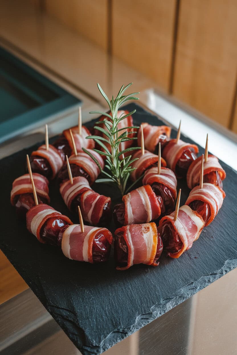 Photo of a slate board indoors with glossy bacon-wrapped Medjool dates secured by toothpicks, garnished with rosemary sprigs; no text or logos