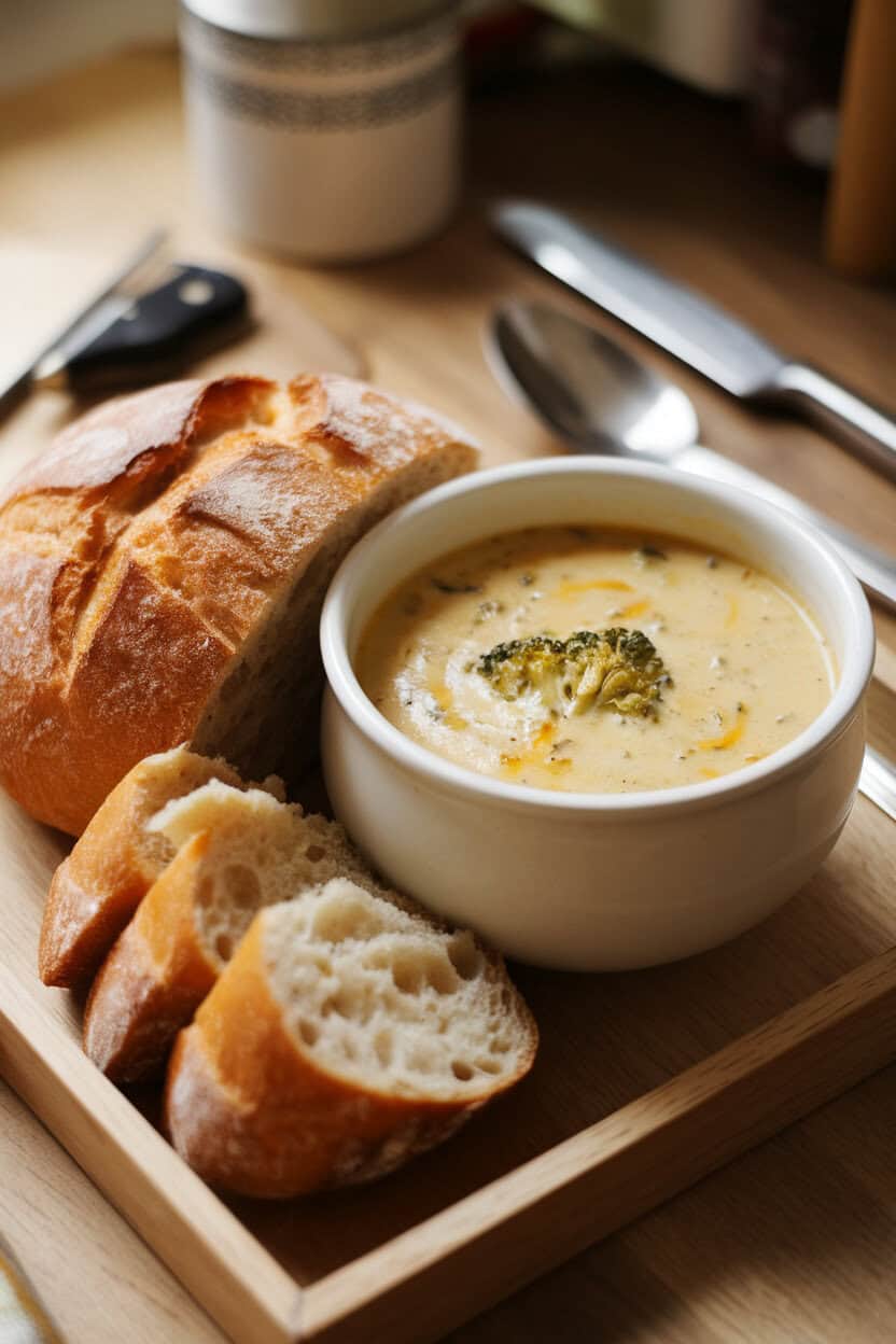 Cozy indoor soup bowl filled with creamy broccoli cheddar soup, a piece of crusty bread resting on the side. No text or logos present.