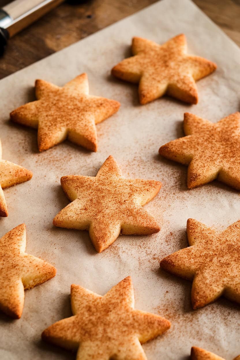 Indoor tabletop shot of star-shaped snickerdoodle cookies dusted with cinnamon sugar, arranged like snowflakes on parchment. Soft, golden light, no text or logos. Photo, not illustration.
