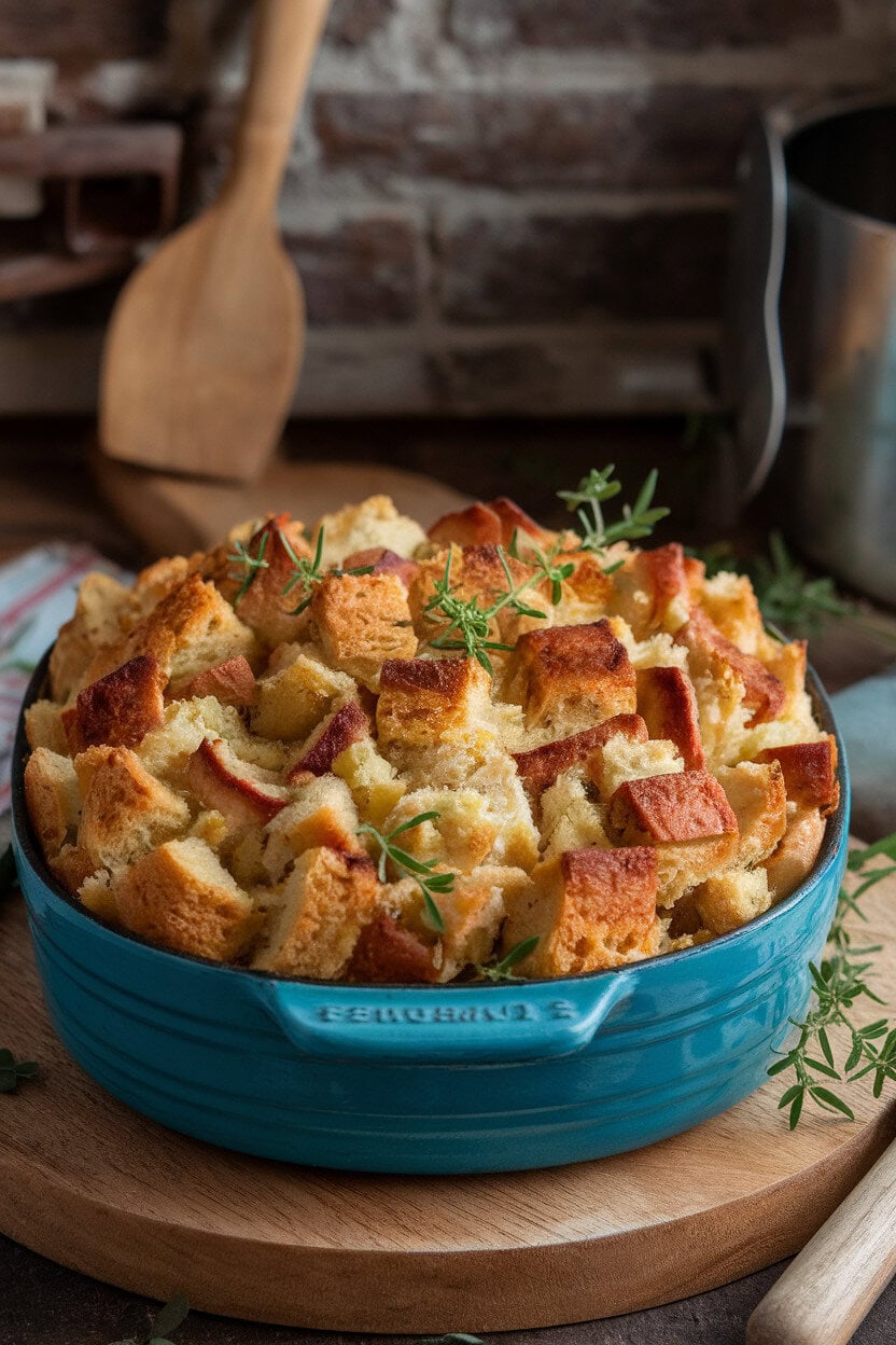 An indoor casserole dish of rustic bread dressing with visible sausage bits and apple chunks, edges browned. No logos present. Photo, not illustration.